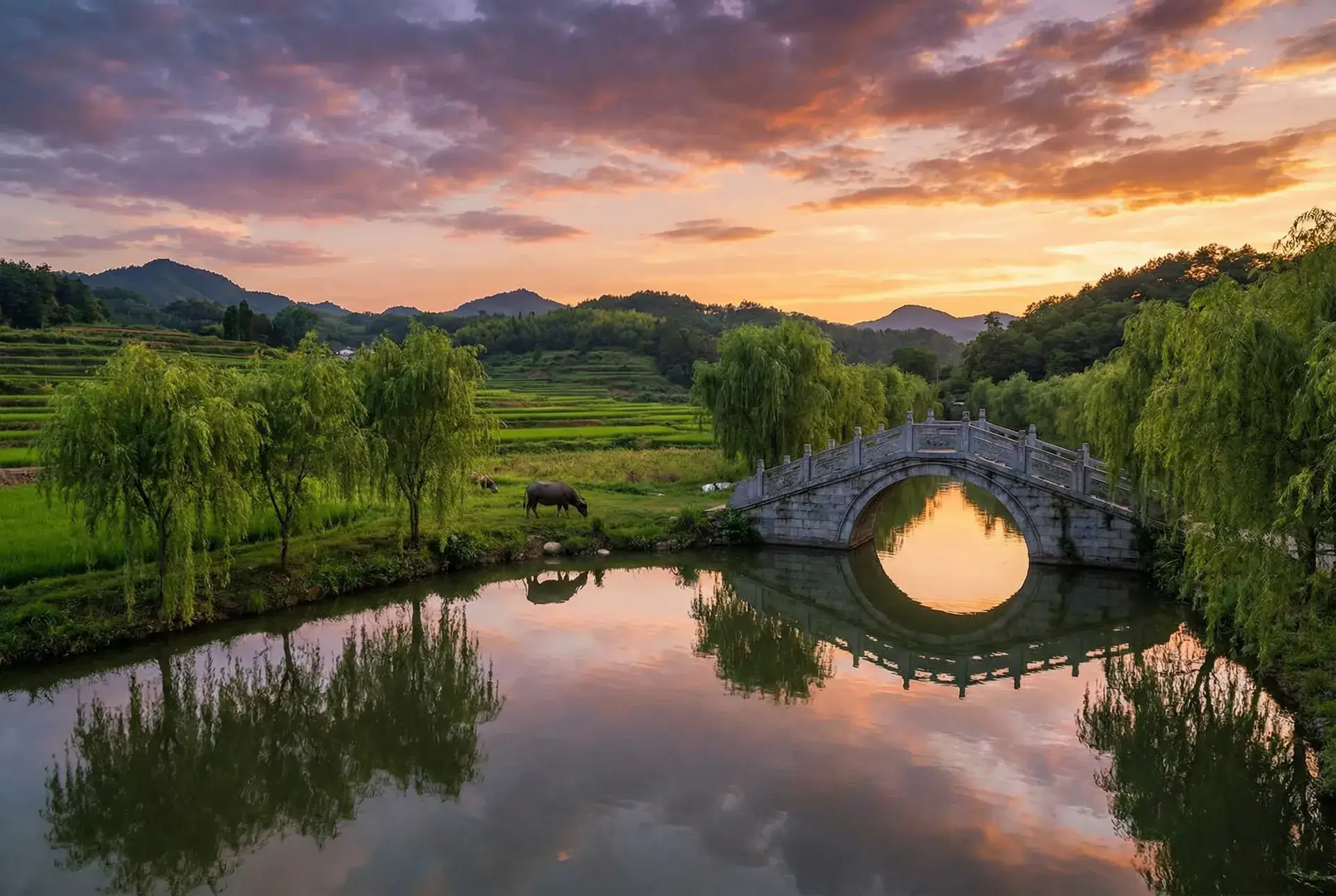 夕阳下的石拱桥与垂柳，水牛在河边吃草 - 三上悠亚无码 乡村美景
